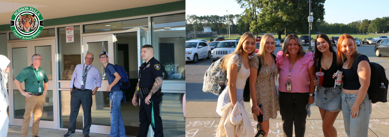 Photos os students entering the HS on the first day being greeted by staff.