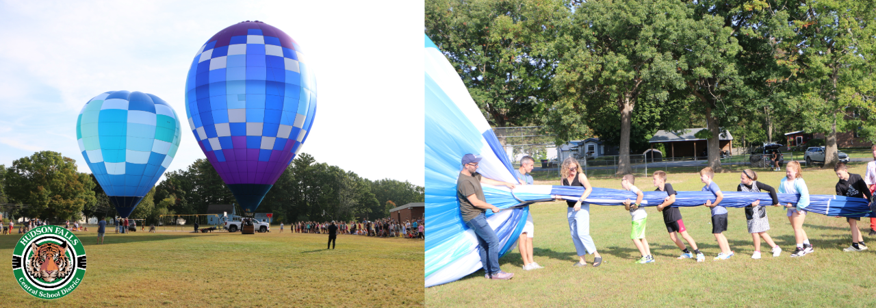 Photo of 2 hot air balloons and a photo of students holding a balloon as it is being deflated