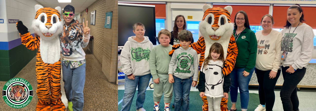 2 photos, one showing a single student with mascot tiger, the other a classroom of students and teachers with mascot tiger